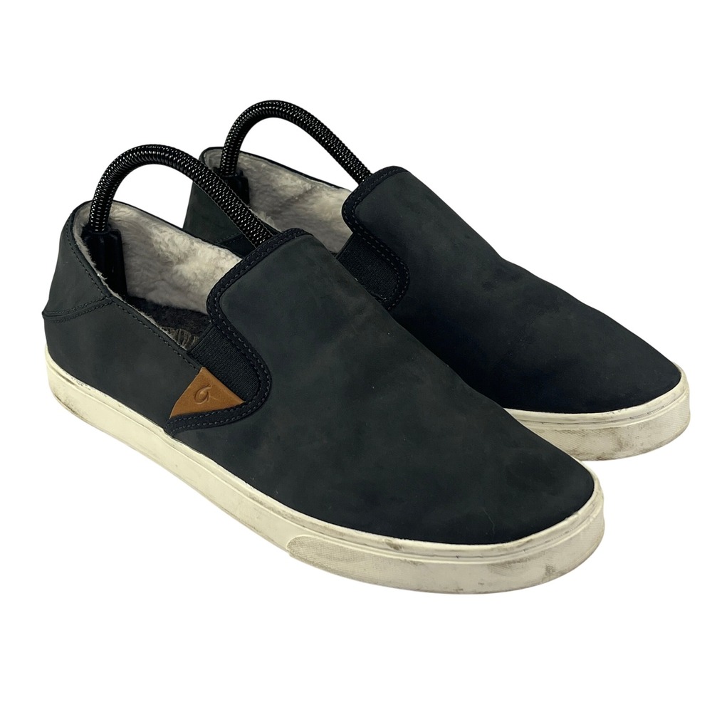 OluKai Pehuea Heu Shoes Womens 10 Black Leather Shearling Lined Slip‎ On Comfort